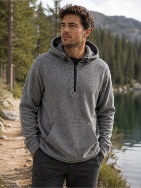 152) Men's Gray Half-Zip Hooded Fleece Pullover